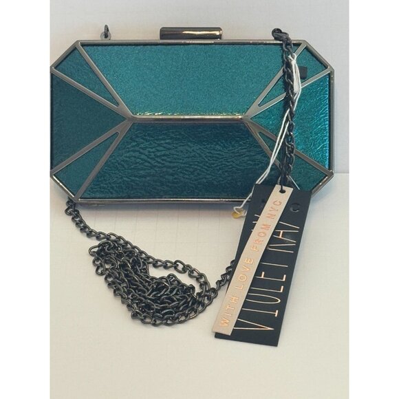 Clutch Evening Bag Turquoise & Pewter w/chain strap, Violet Ray NYC, Small, NWT - Picture 2 of 6